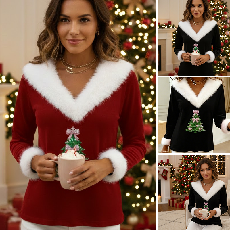 Elegant V-Neck Faux Fur Collar Christmas Pullover
