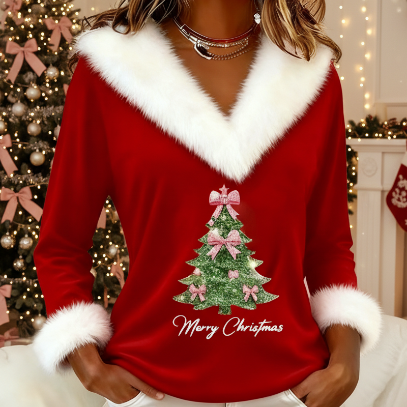 Elegant V-Neck Faux Fur Collar Christmas Pullover