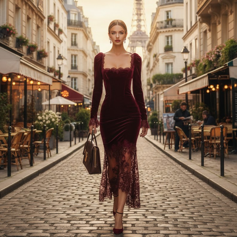 Women's Square Neck Lace Bodycon Dress