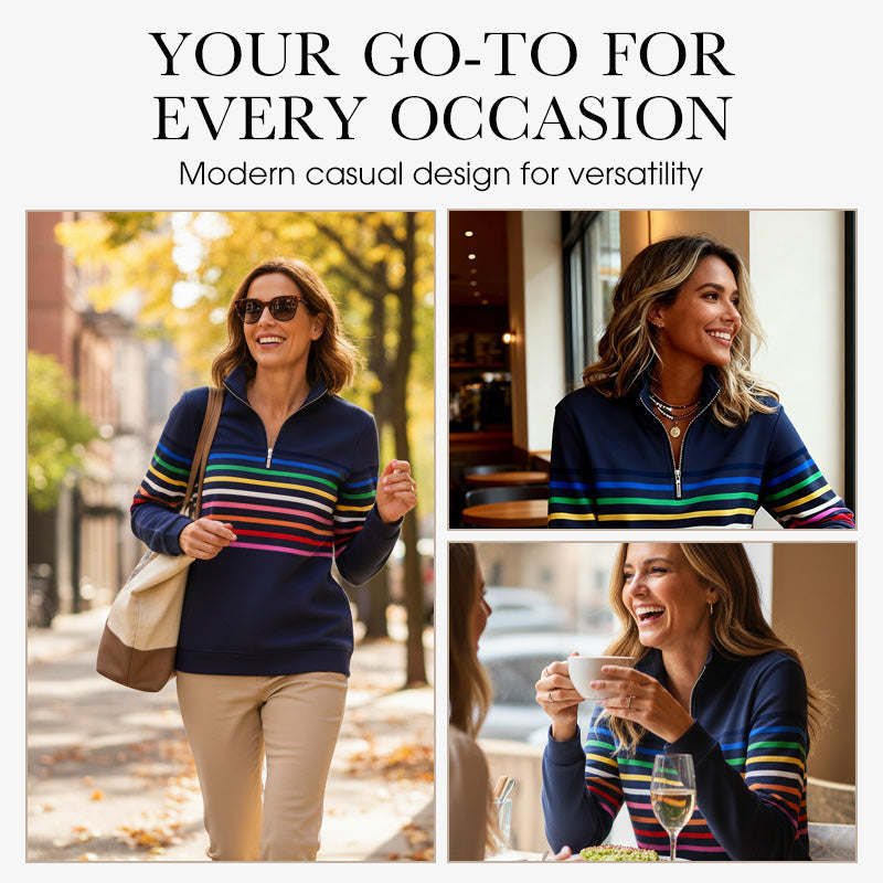 Women's Half-Zip Colorful Striped Long Sleeve Pullover