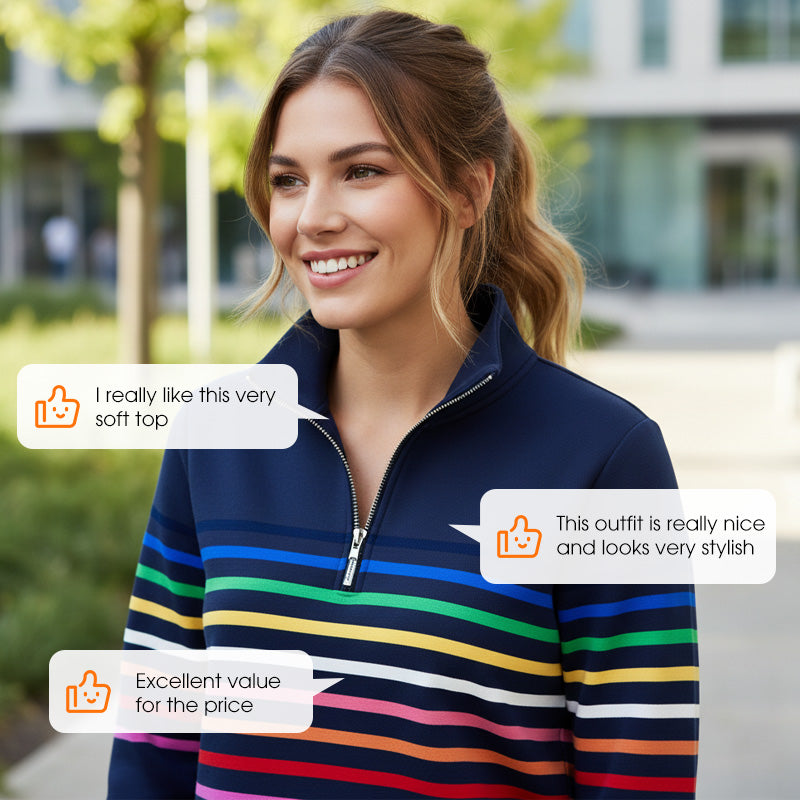 Women's Half-Zip Colorful Striped Long Sleeve Pullover