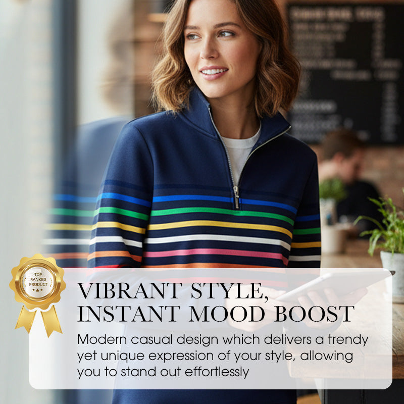 Women's Half-Zip Colorful Striped Long Sleeve Pullover