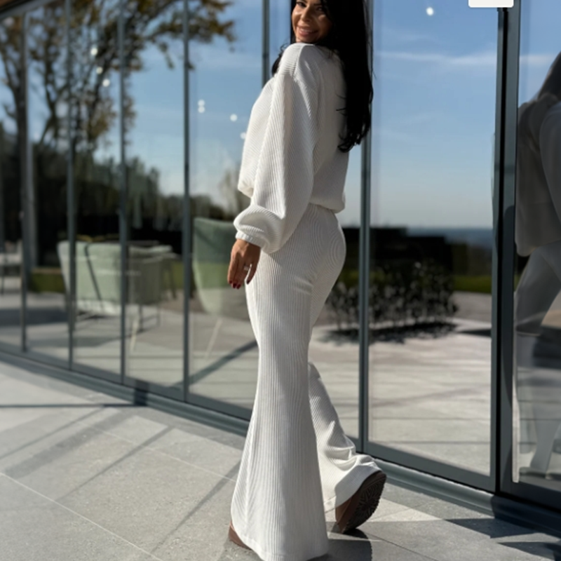 Women's Ribbed Long-Sleeve Tops & Flare Pants 2-Piece Set