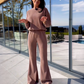 Women's Ribbed Long-Sleeve Tops & Flare Pants 2-Piece Set