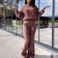 Women's Ribbed Long-Sleeve Tops & Flare Pants 2-Piece Set