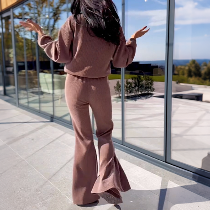 Women's Ribbed Long-Sleeve Tops & Flare Pants 2-Piece Set