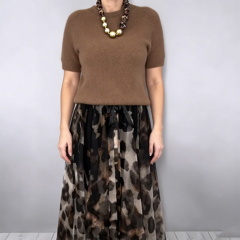 Women's Two-Piece Sweater & Leopard Flowy Skirt Set