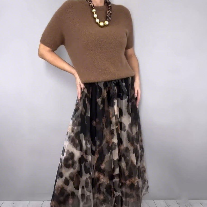 Women's Two-Piece Sweater & Leopard Flowy Skirt Set