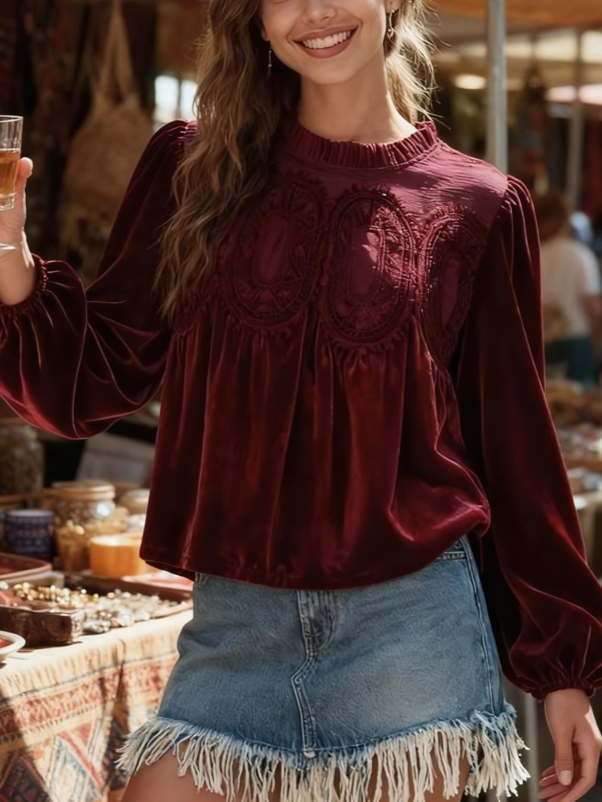 🎅 HOLIDAY HAUL SALE✨Women's Long Sleeve Velvet Trim Lace Blouse Elegant Flared Swing Top