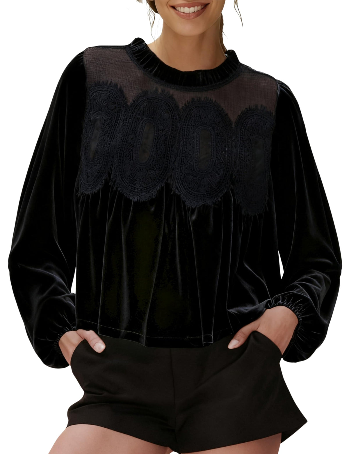 🎅 HOLIDAY HAUL SALE✨Women's Long Sleeve Velvet Trim Lace Blouse Elegant Flared Swing Top