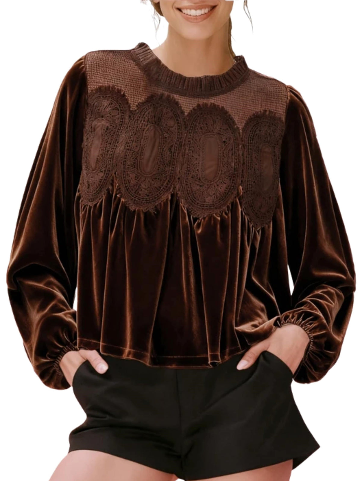 🎅 HOLIDAY HAUL SALE✨Women's Long Sleeve Velvet Trim Lace Blouse Elegant Flared Swing Top