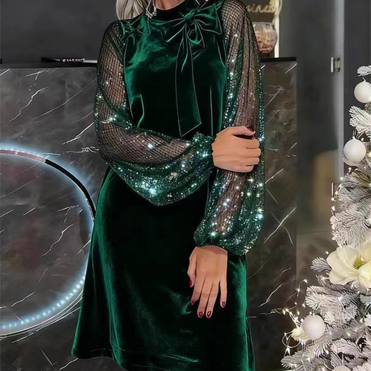 🎅Xmas Sales - 50% OFF🎄Women's Sequin Bow Tie Neck Dress✨👗