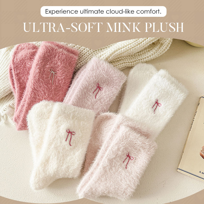 3 Pairs Women's Plush Mink Socks with Bow Embroidery