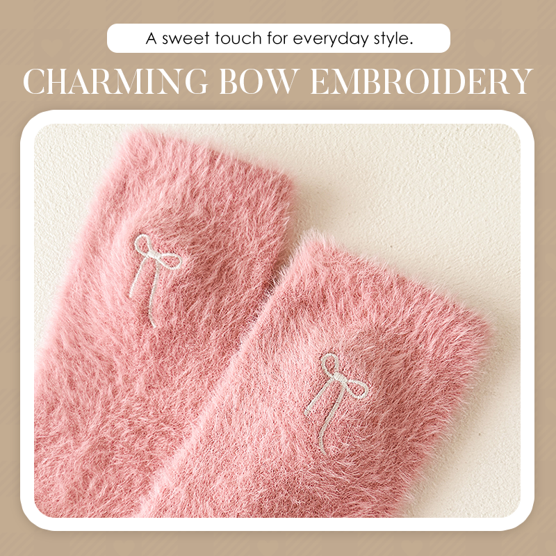 3 Pairs Women's Plush Mink Socks with Bow Embroidery
