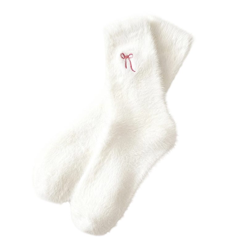 3 Pairs Women's Plush Mink Socks with Bow Embroidery