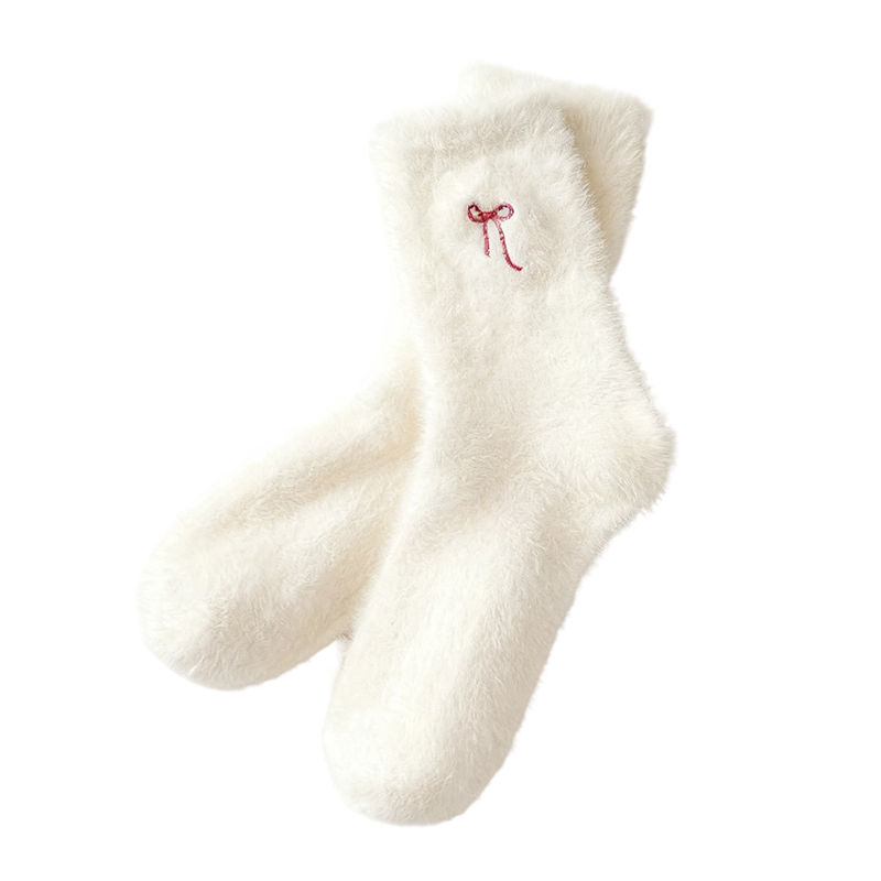 3 Pairs Women's Plush Mink Socks with Bow Embroidery