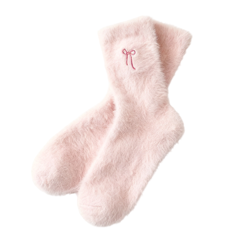 3 Pairs Women's Plush Mink Socks with Bow Embroidery