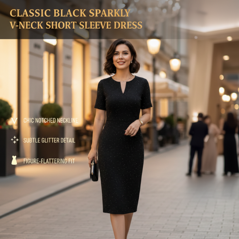 🧡New Arrival🔥Classic Black Sparkly V-Neck Short Sleeve Dress