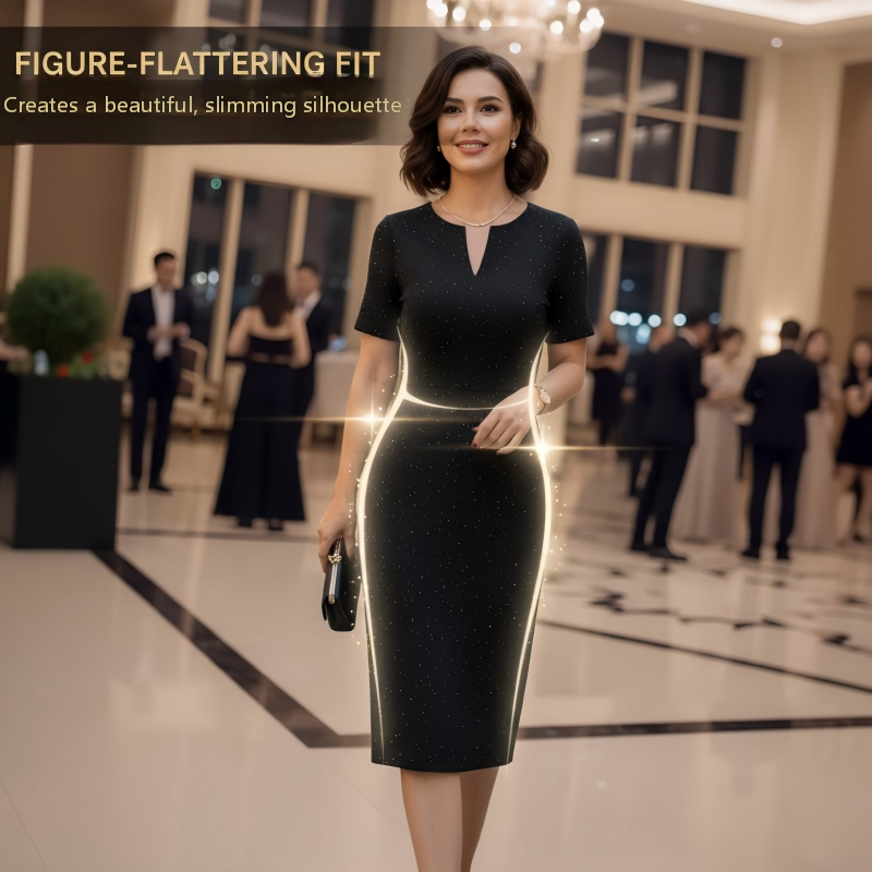 🧡New Arrival🔥Classic Black Sparkly V-Neck Short Sleeve Dress