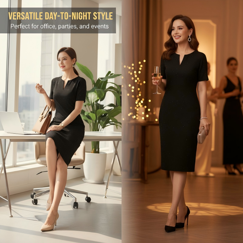 🧡New Arrival🔥Classic Black Sparkly V-Neck Short Sleeve Dress