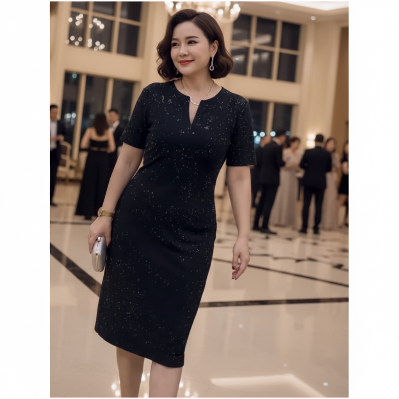 🧡New Arrival🔥Classic Black Sparkly V-Neck Short Sleeve Dress