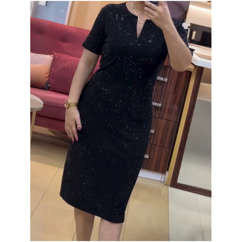 🧡New Arrival🔥Classic Black Sparkly V-Neck Short Sleeve Dress