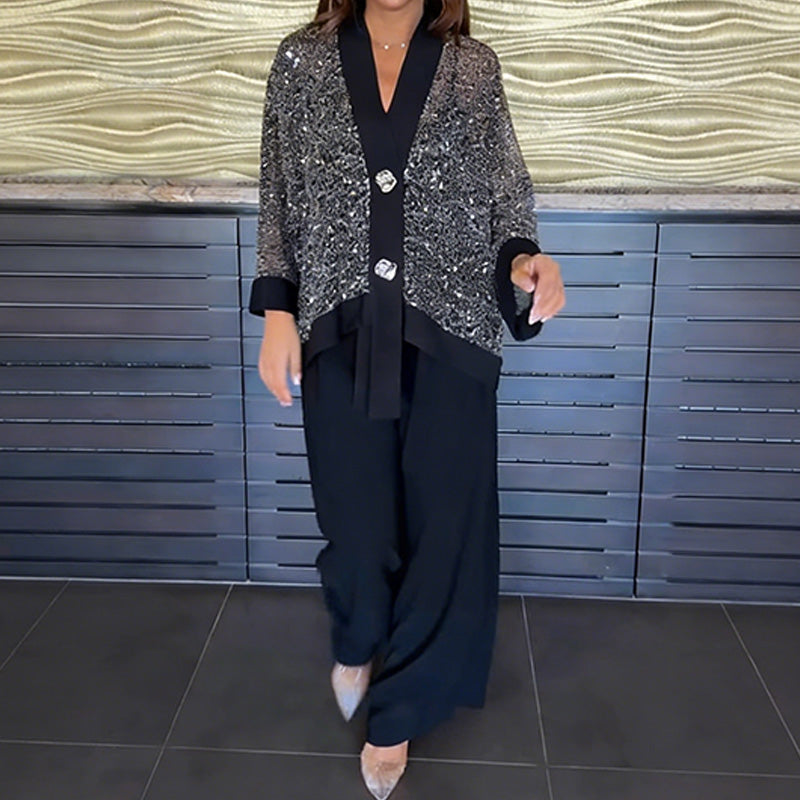 Women's V-Neck Sequin Cardigan & Wide-Leg Pants 2-Piece Set