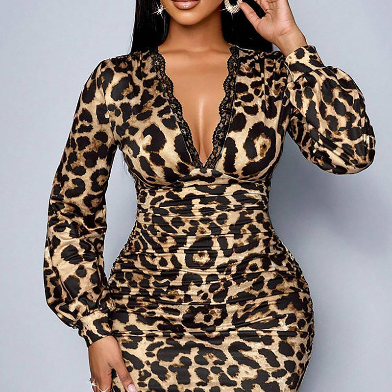 📢📢50%  OFF !! ⏰Women’s Lace Leopard V-Neck Lantern Sleeve Mid-Length Dress