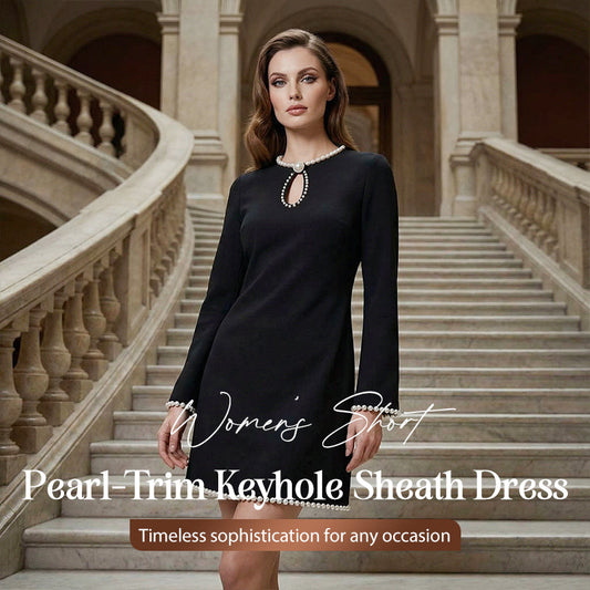 🔥 49% OFF! ✨ Women’s Short Faux Pearl-Trim Keyhole Sheath Dress – Slim-Fit Elegance with Flared Sleeves & Timeless Black 💎🖤