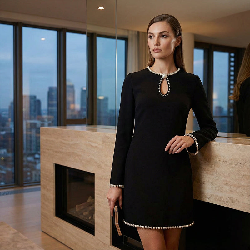 🔥 49% OFF! ✨ Women’s Short Faux Pearl-Trim Keyhole Sheath Dress – Slim-Fit Elegance with Flared Sleeves & Timeless Black 💎🖤
