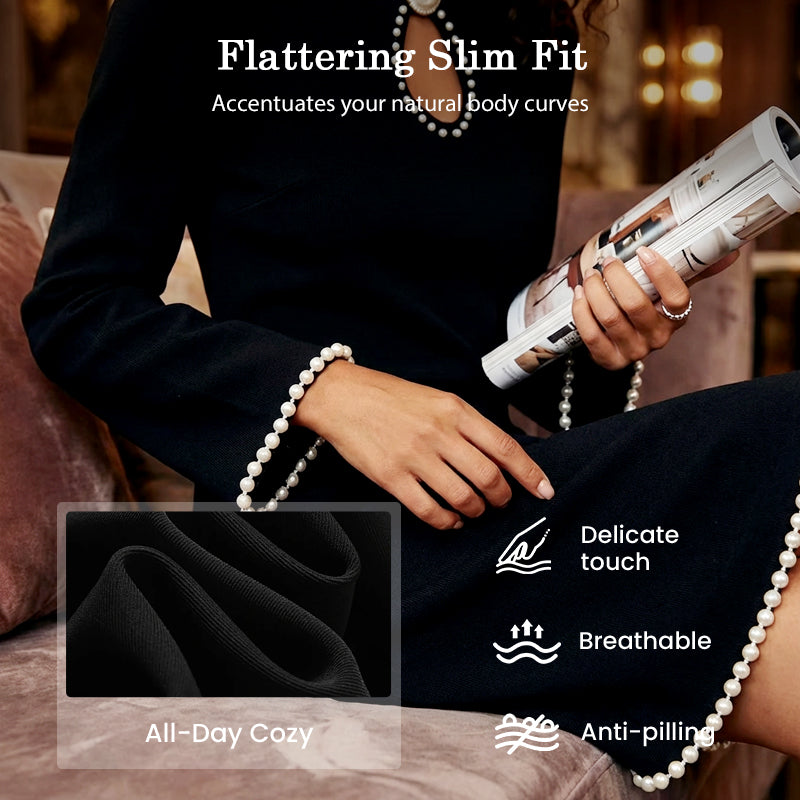 🔥 49% OFF! ✨ Women’s Short Faux Pearl-Trim Keyhole Sheath Dress – Slim-Fit Elegance with Flared Sleeves & Timeless Black 💎🖤