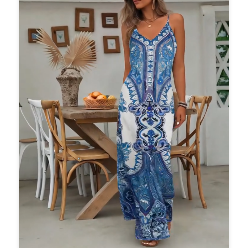 ⏳🔥2026 Hot Sale🎁Women’s Retro Print V-Neck Sleeveless Maxi Dress