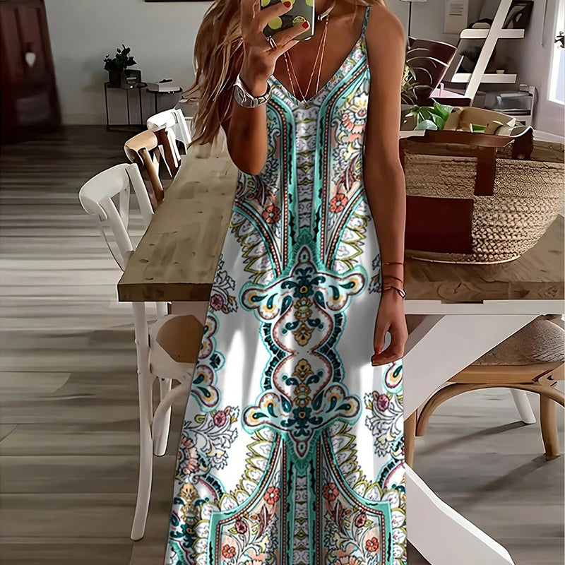 ⏳🔥2026 Hot Sale🎁Women’s Retro Print V-Neck Sleeveless Maxi Dress