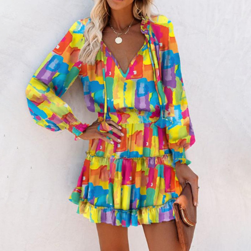 Women's V-Neck Long Sleeve Ruffle Hem Mini Dress
