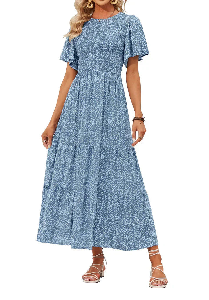 🌷Early Summer Sale-50% Off🌸2026 Summer Casual Floral Print Short Flutter Sleeve Crew Neck Smocked High Waist Flowy Maxi Dress