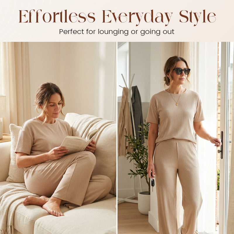 Women's Ribbed Knit Top & Wide-Leg Pants Set