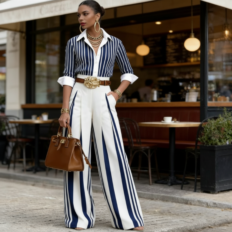 🥳SUMMER HOT SALE🥳💞 Women's Striped Shirt & Wide-Leg Pants 2-Piece Set