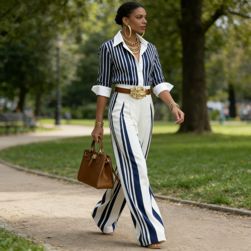 🥳SUMMER HOT SALE🥳💞 Women's Striped Shirt & Wide-Leg Pants 2-Piece Set