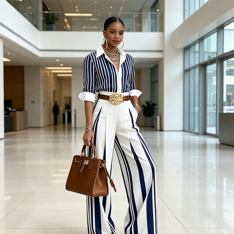 🥳SUMMER HOT SALE🥳💞 Women's Striped Shirt & Wide-Leg Pants 2-Piece Set