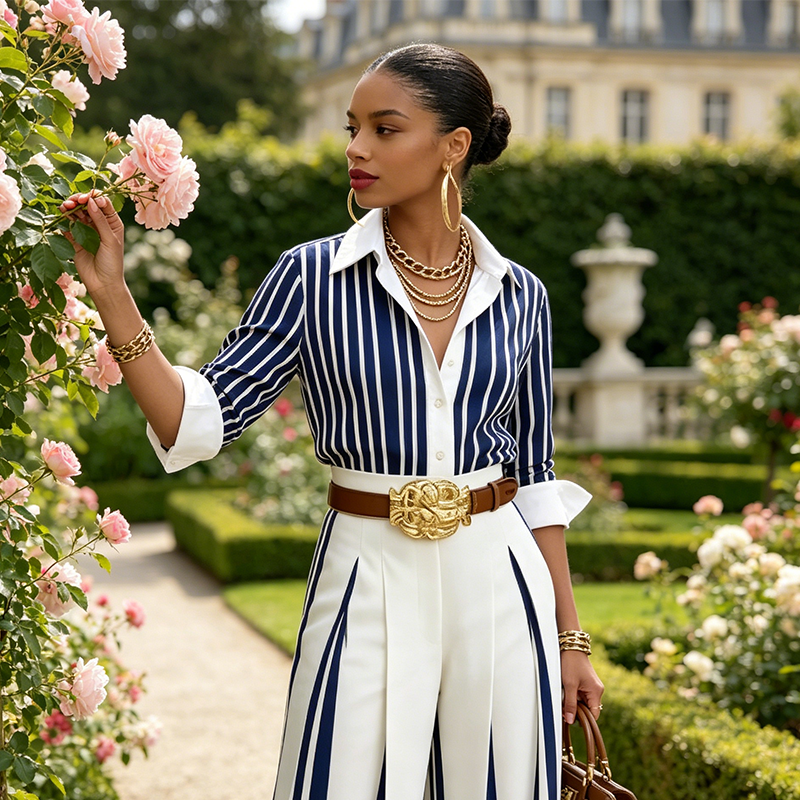 🥳SUMMER HOT SALE🥳💞 Women's Striped Shirt & Wide-Leg Pants 2-Piece Set