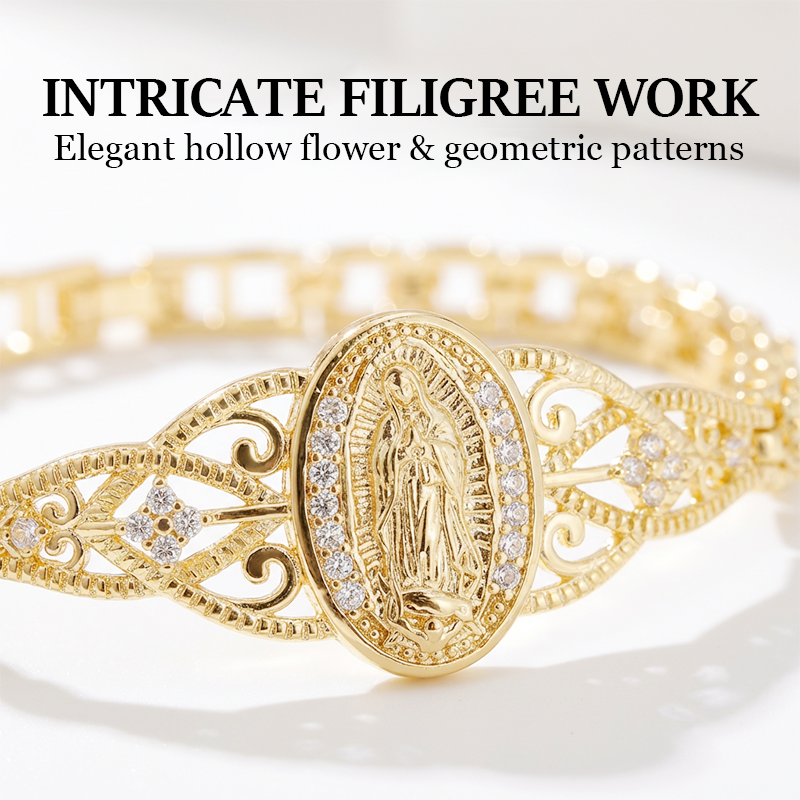 📿 LIMITED-TIME 50% OFF! 💥 Elegant Hollow Flower Virgin Mary Bracelet – Filigree Design, Gold Plated, Faith Inspired ✨