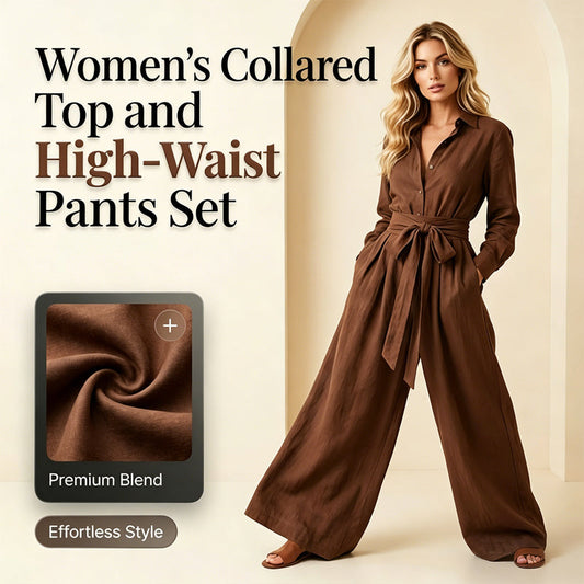 Women's Collared Top and High-Waist Pants Set