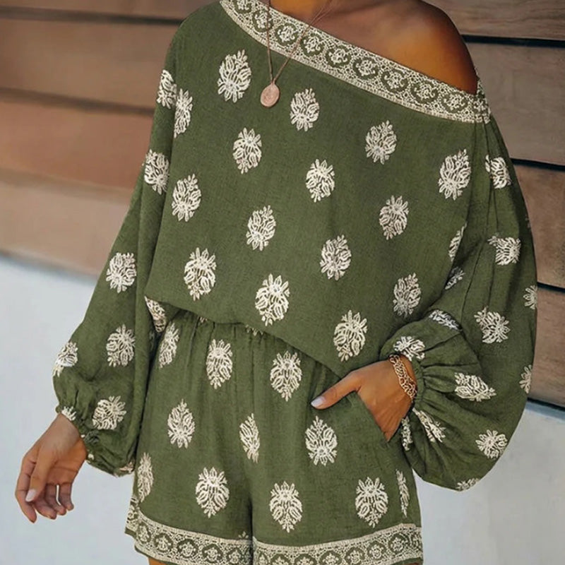 ⏳Limited-time 50% off⏰Bohemian Off-Shoulder Printed Jumpsuit Set👚👖