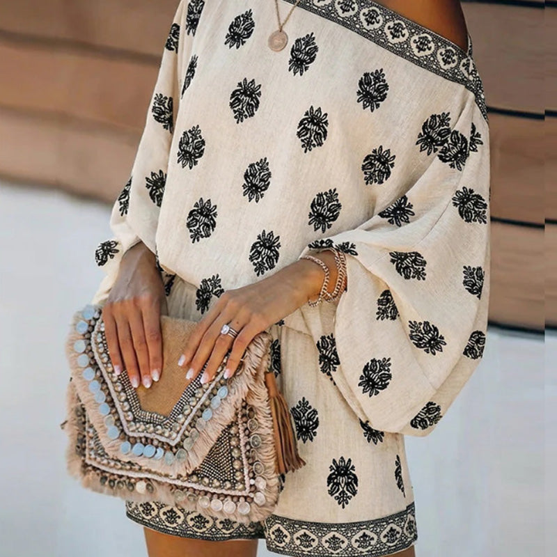 ⏳Limited-time 50% off⏰Bohemian Off-Shoulder Printed Jumpsuit Set👚👖
