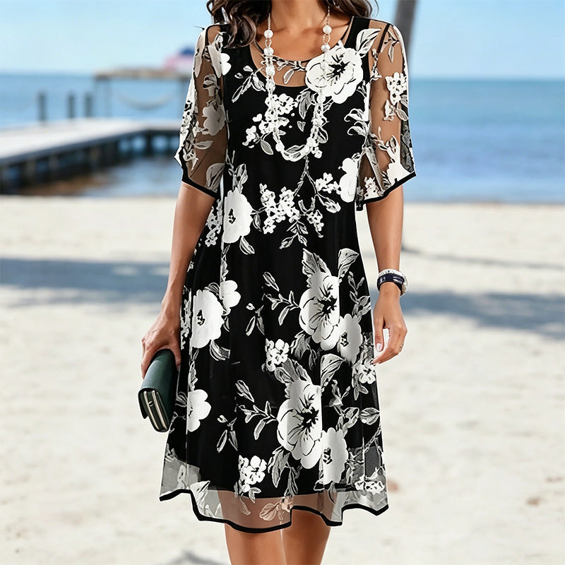 Women's Elegant Floral Print Chiffon Dress