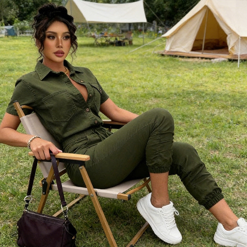 👗2026 New Style! 🌟 Short Sleeve Button-Front Jumpsuit for Women – Drawstring Waist, Jogger Cuffs 🍃