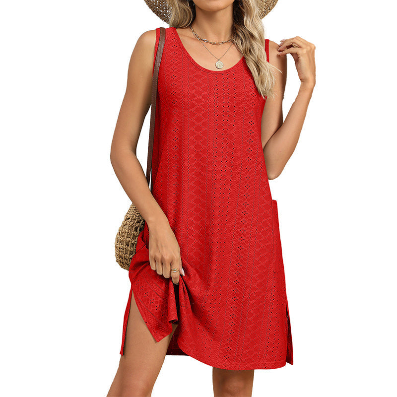 Women's Sleeveless Round Neck Casual Pocket Dress