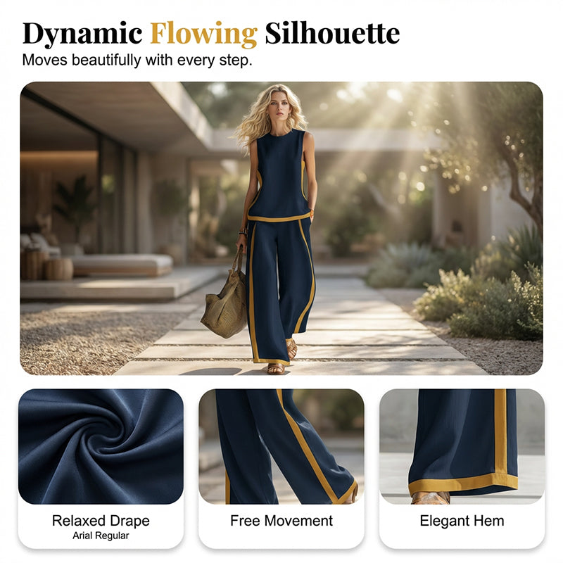Casual Sleeveless Colorblock Top & Wide-Leg Pants Set