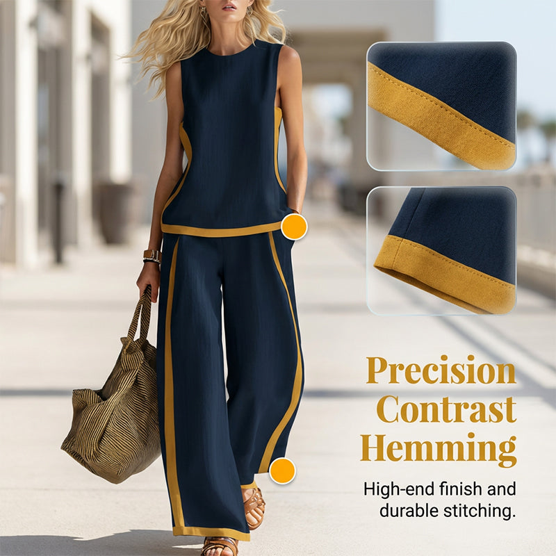 Casual Sleeveless Colorblock Top & Wide-Leg Pants Set