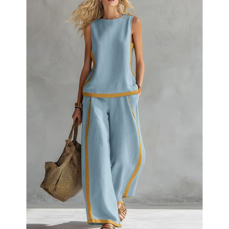 Casual Sleeveless Colorblock Top & Wide-Leg Pants Set